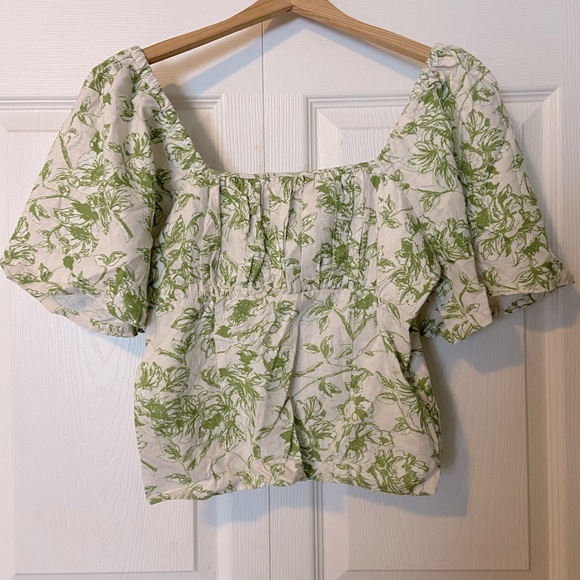 Greylin Tops - Linen square neckline green and white blouse